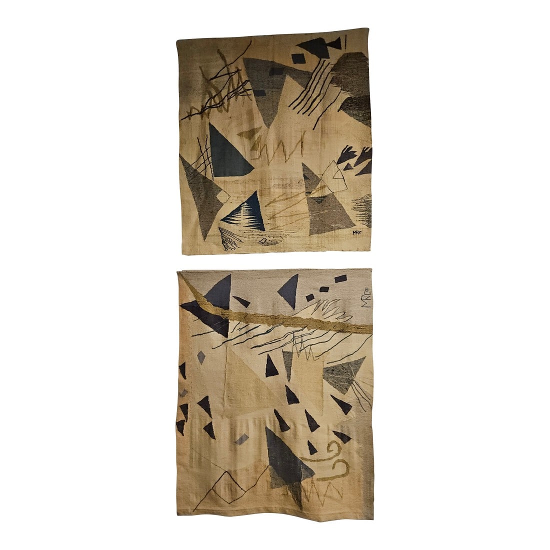 Triangle III and Triangle V: Law of Three Series - Hand Woven Tapestries 1900-2002: This piece is composed of 2 tapestries of the Law of Three Series the Triangle III and Triangle V - in this photo Triangle III is hanging over Triangle V but the handwoven tapestries can be