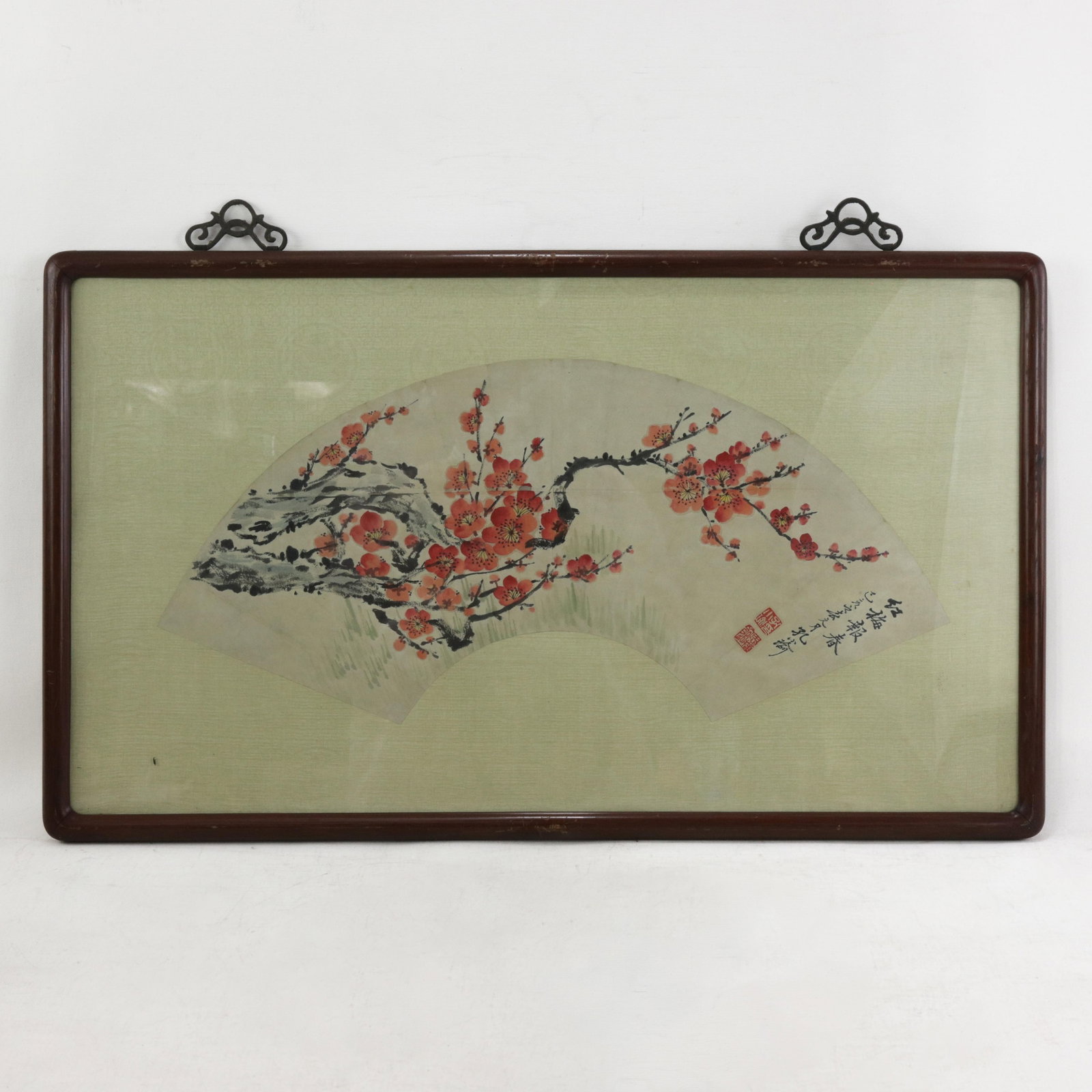 Vintage Chinese Fan Painting Red Plum Blossoms Announcing Spring Framed Ink and Color on Paper With - 13