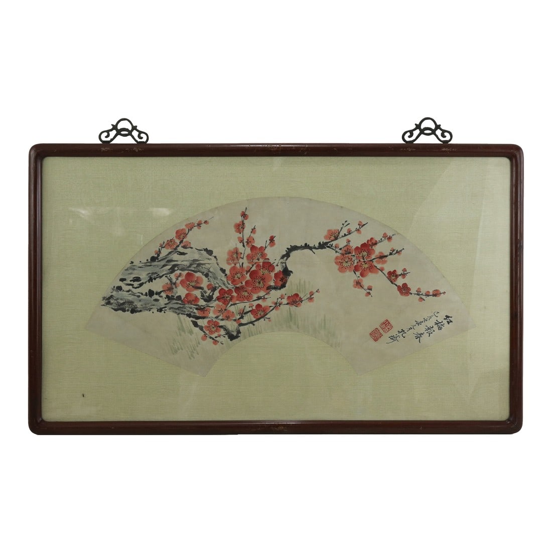 Vintage Chinese Fan Painting Red Plum Blossoms Announcing Spring Framed Ink and Color on Paper With: This exquisite vintage Chinese fan painting features a vibrant "Red Plum Blossoms Announcing Spring" composition rendered in ink and color on paper. The artwork captures the bold energy of winter's