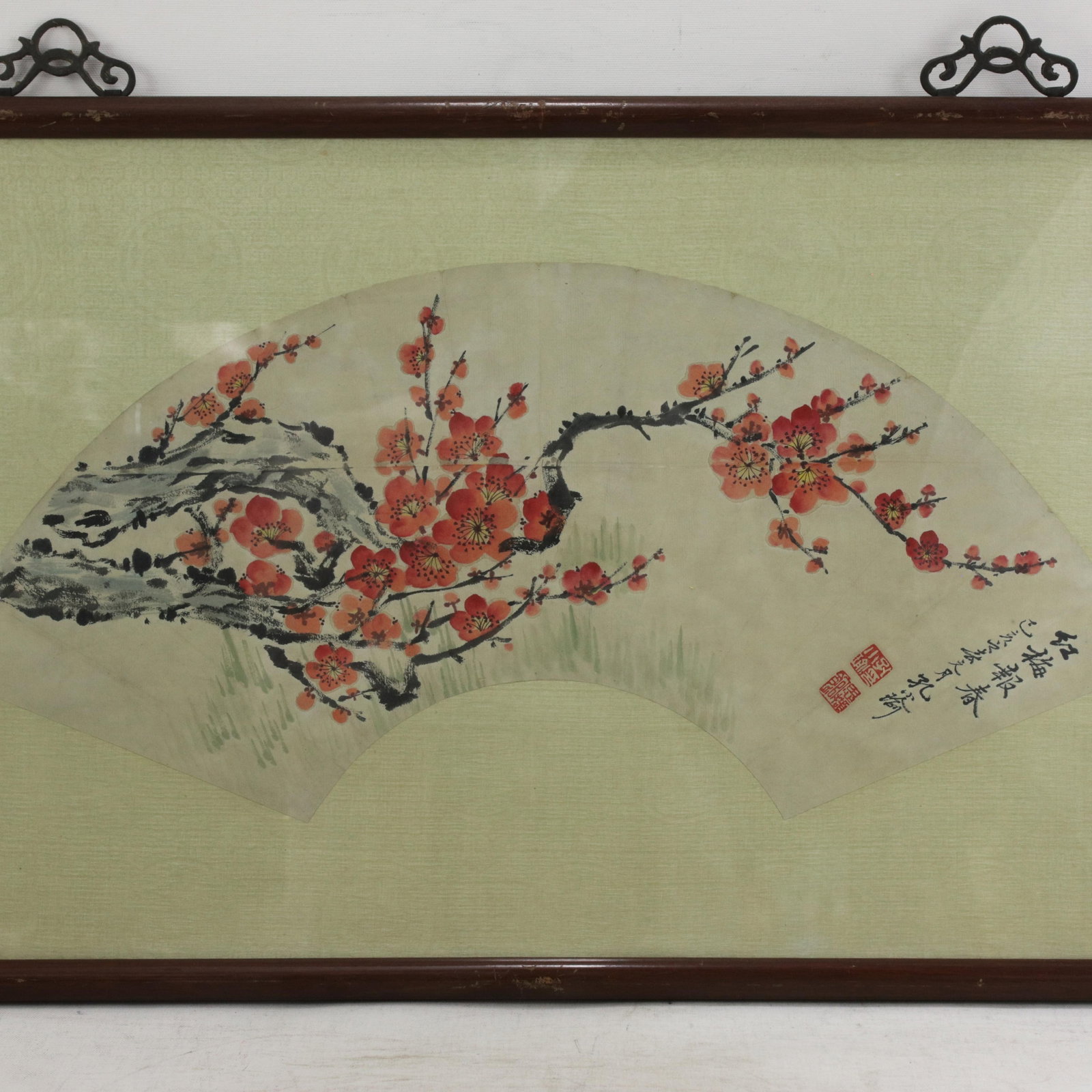 Vintage Chinese Fan Painting Red Plum Blossoms Announcing Spring Framed Ink and Color on Paper With - 2