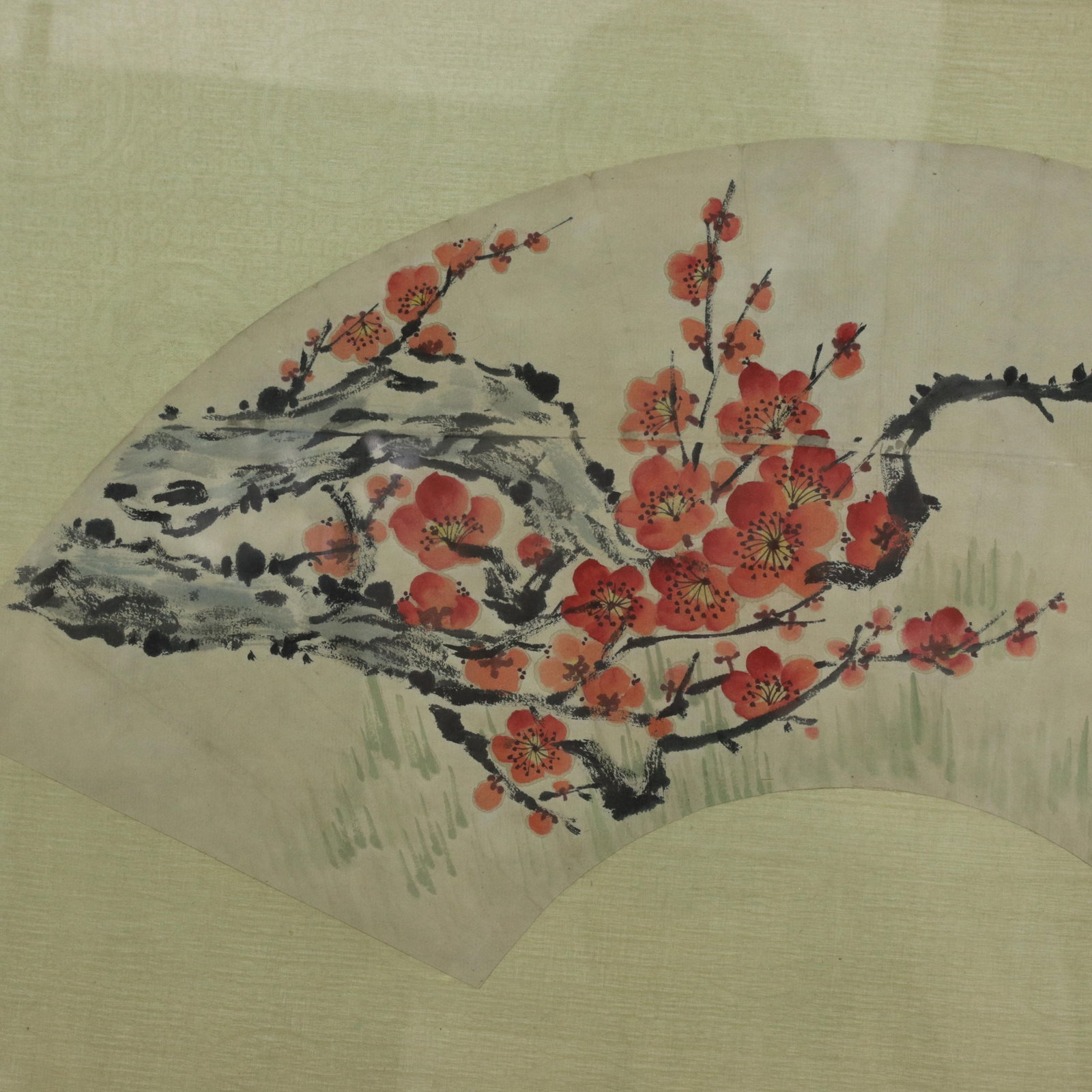 Vintage Chinese Fan Painting Red Plum Blossoms Announcing Spring Framed Ink and Color on Paper With - 3