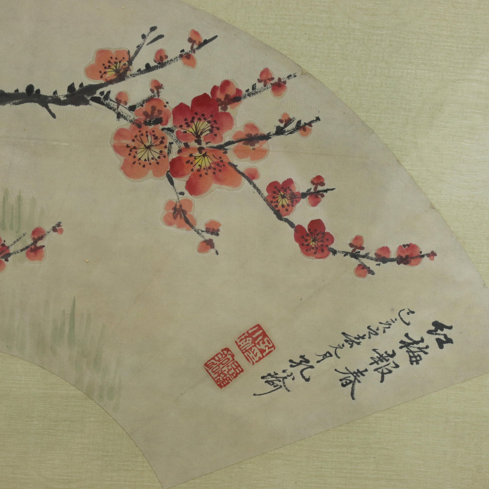 Vintage Chinese Fan Painting Red Plum Blossoms Announcing Spring Framed Ink and Color on Paper With - 4