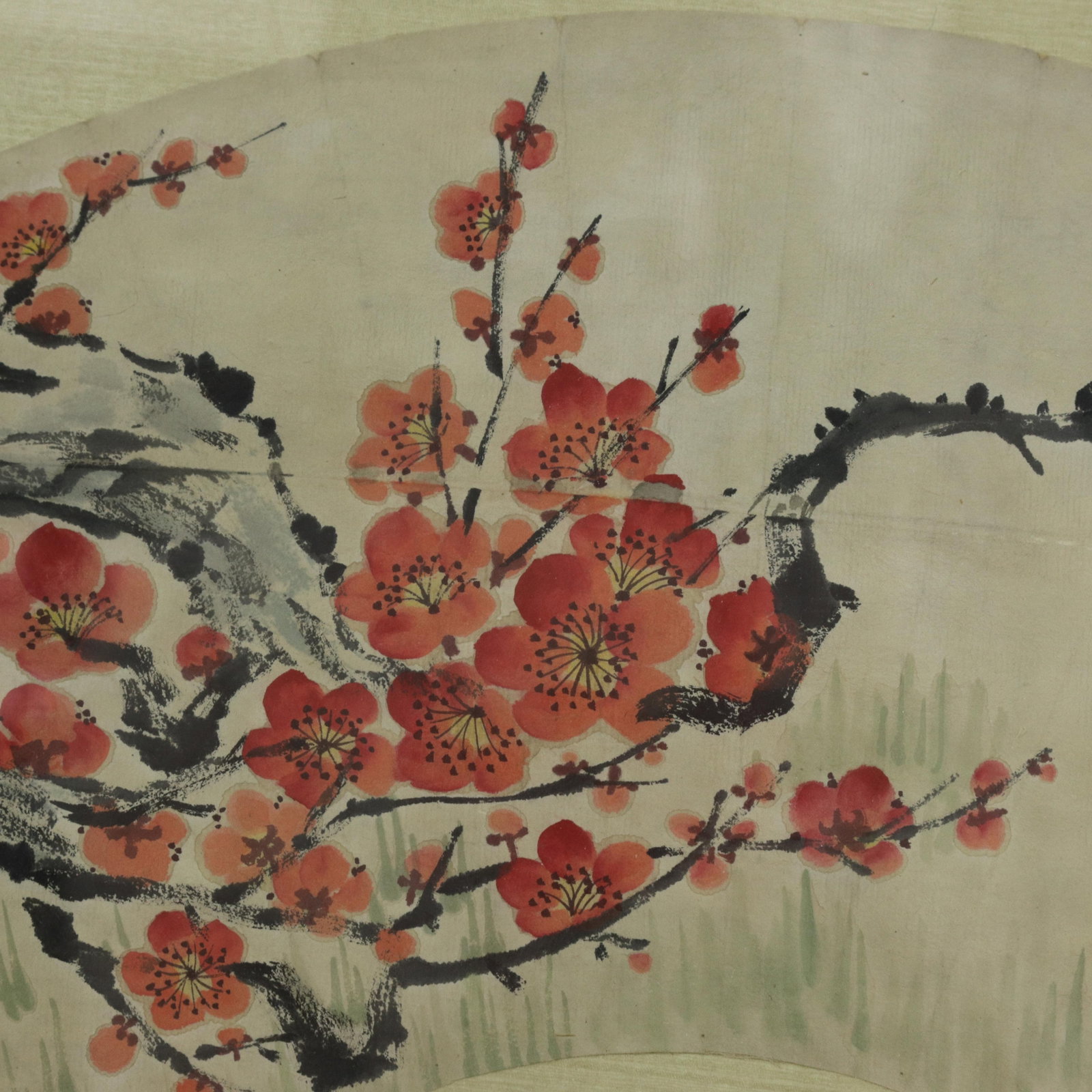 Vintage Chinese Fan Painting Red Plum Blossoms Announcing Spring Framed Ink and Color on Paper With - 5