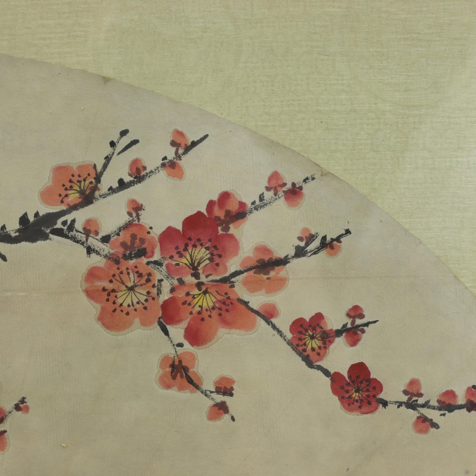 Vintage Chinese Fan Painting Red Plum Blossoms Announcing Spring Framed Ink and Color on Paper With - 7