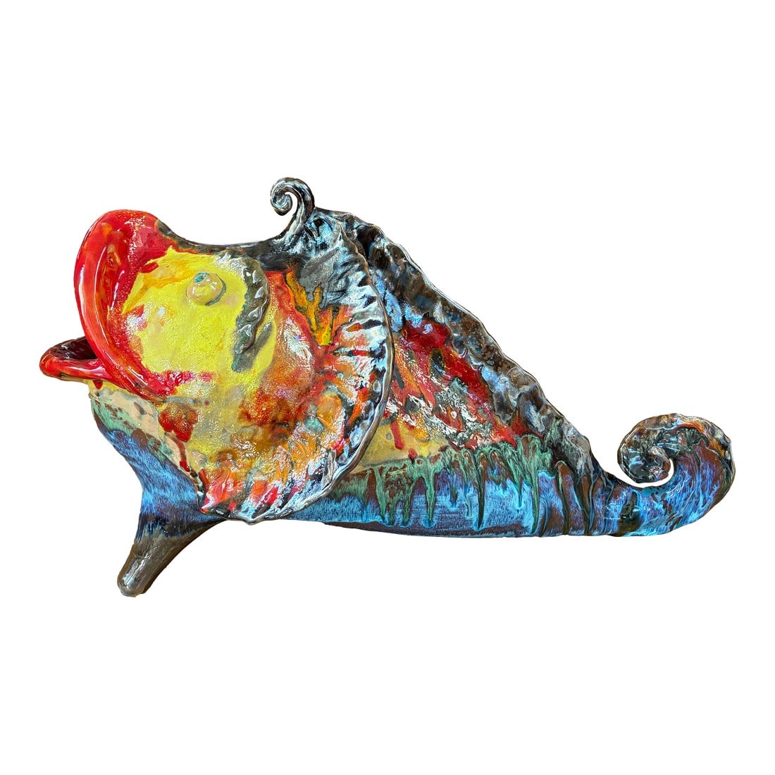 1950s Italian Glazed Terracotta Fish Sculpture: Italian Glazed Terracotta Fish Sculpture. Offered is an amazing large multicolored Italian glazed terra cotta fish sculpture. This very detailed fish sculpture is beautifully designed and is artist