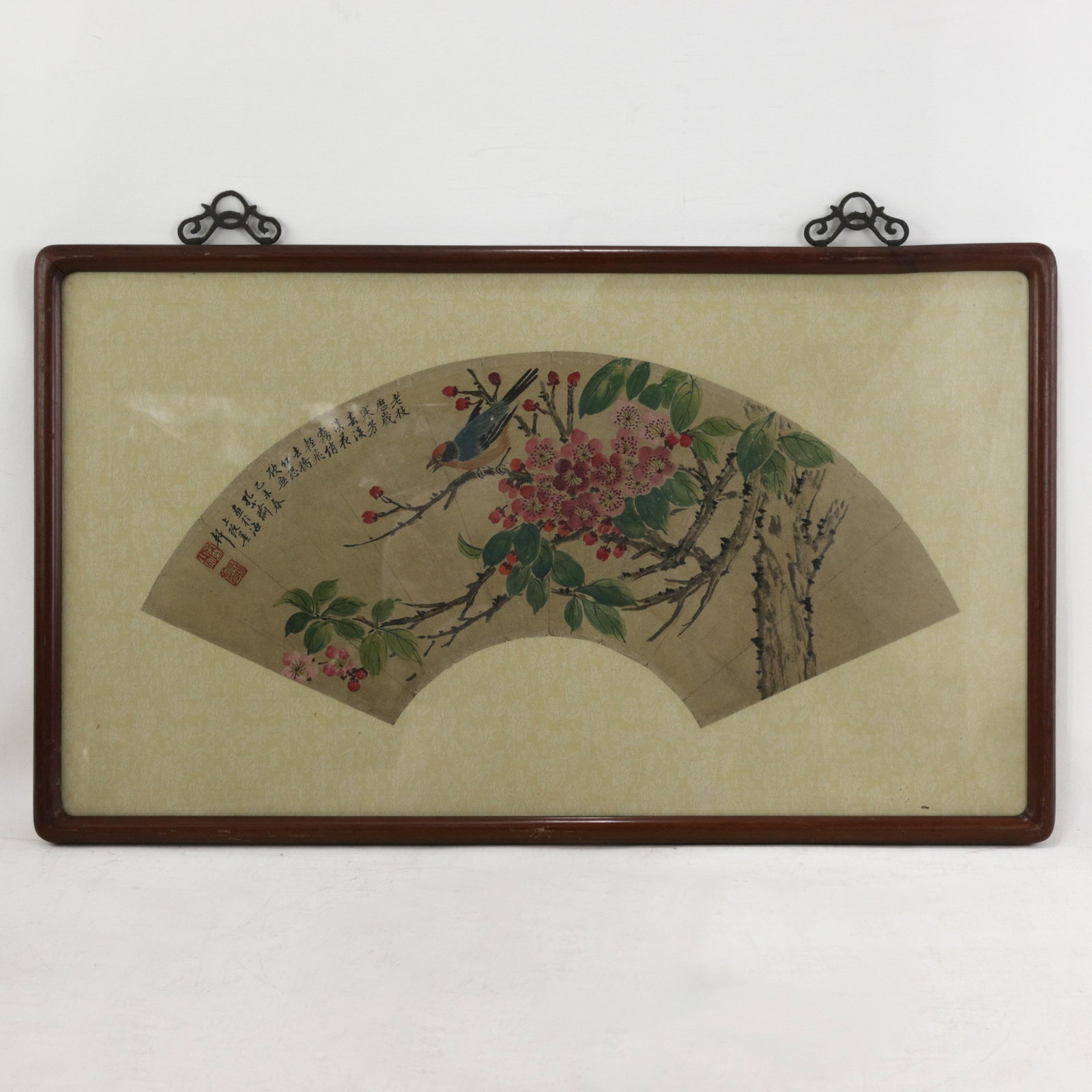 Vintage Chinese Fan Painting Bird and Pink Flowers Framed Ink and Color on Paper With Calligraphy Po - 11