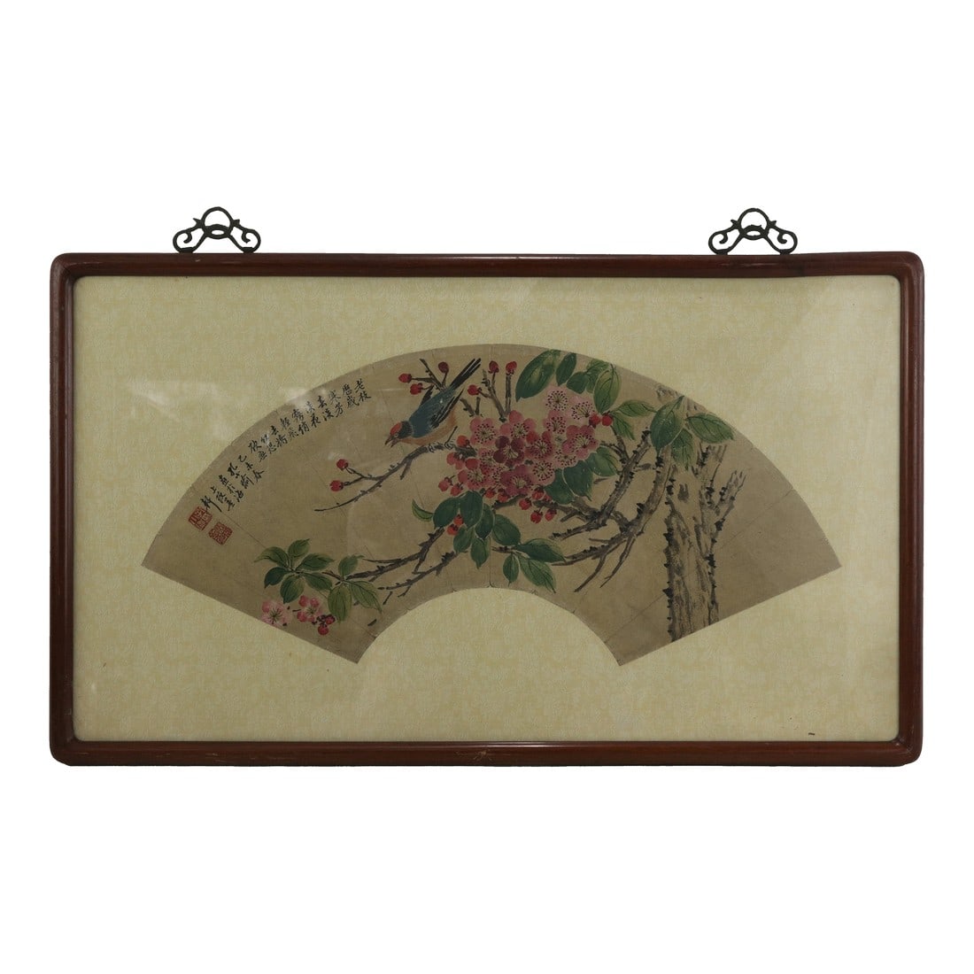 Vintage Chinese Fan Painting Bird and Pink Flowers Framed Ink and Color on Paper With Calligraphy Po: This exquisite vintage Chinese fan painting features a delicate bird and flower composition rendered in ink and color on paper. The artwork depicts a colorful songbird perched upon a gnarled branch