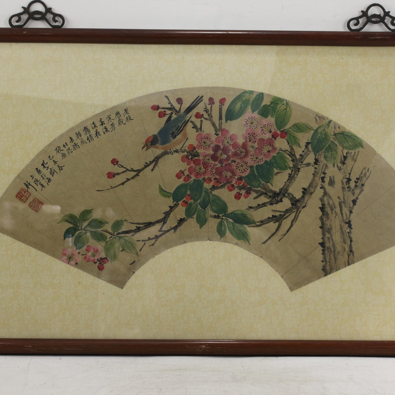 Vintage Chinese Fan Painting Bird and Pink Flowers Framed Ink and Color on Paper With Calligraphy Po - 2