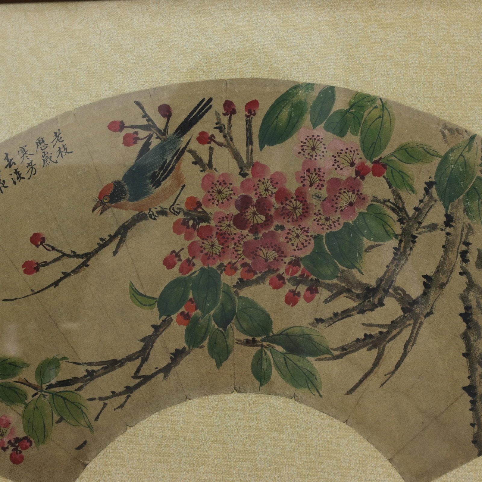 Vintage Chinese Fan Painting Bird and Pink Flowers Framed Ink and Color on Paper With Calligraphy Po - 3