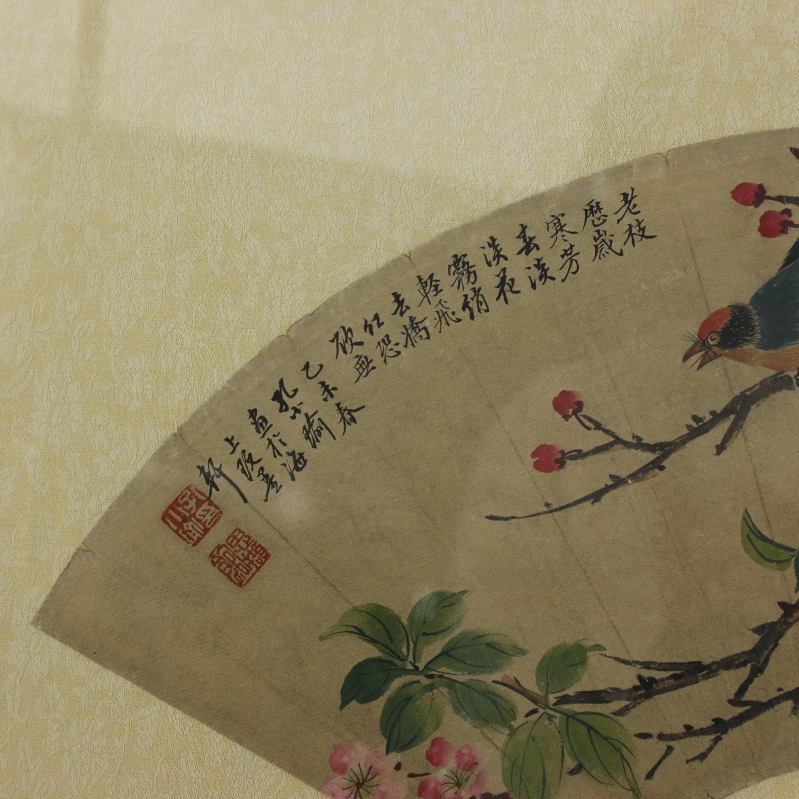 Vintage Chinese Fan Painting Bird and Pink Flowers Framed Ink and Color on Paper With Calligraphy Po - 4
