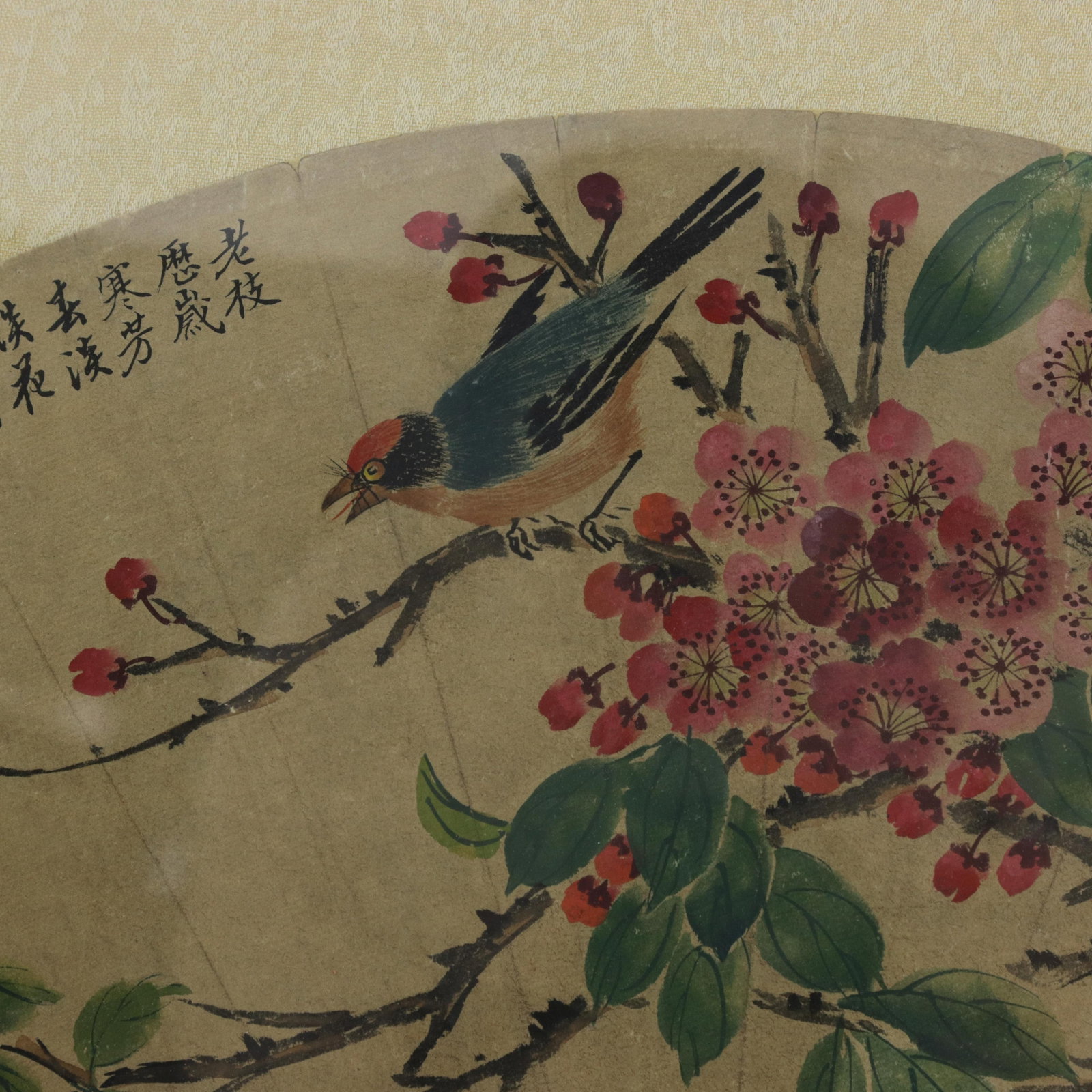 Vintage Chinese Fan Painting Bird and Pink Flowers Framed Ink and Color on Paper With Calligraphy Po - 5