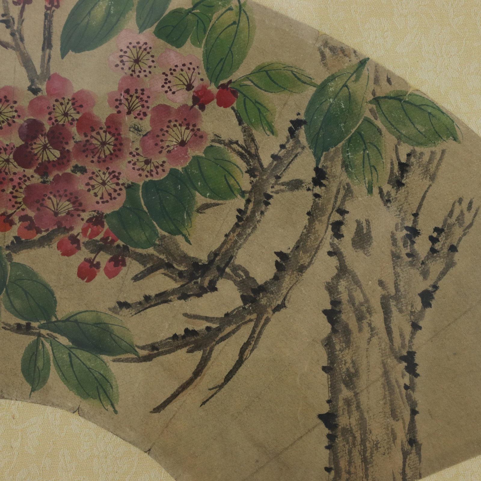 Vintage Chinese Fan Painting Bird and Pink Flowers Framed Ink and Color on Paper With Calligraphy Po - 6