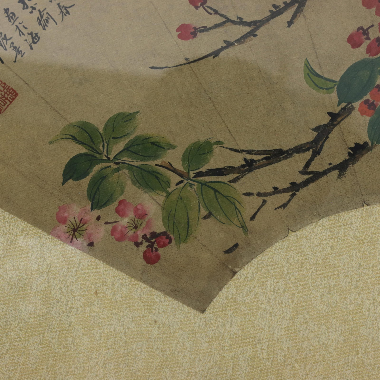 Vintage Chinese Fan Painting Bird and Pink Flowers Framed Ink and Color on Paper With Calligraphy Po - 7