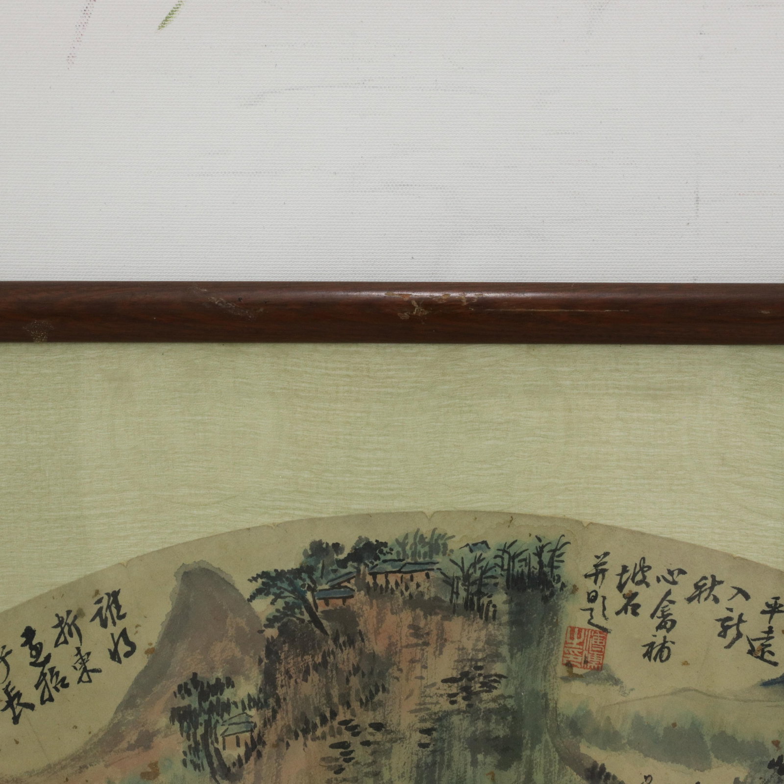 Vintage Chinese Fan Painting Mountain Landscape With Pine Trees Framed Ink and Color on Paper With C - 12