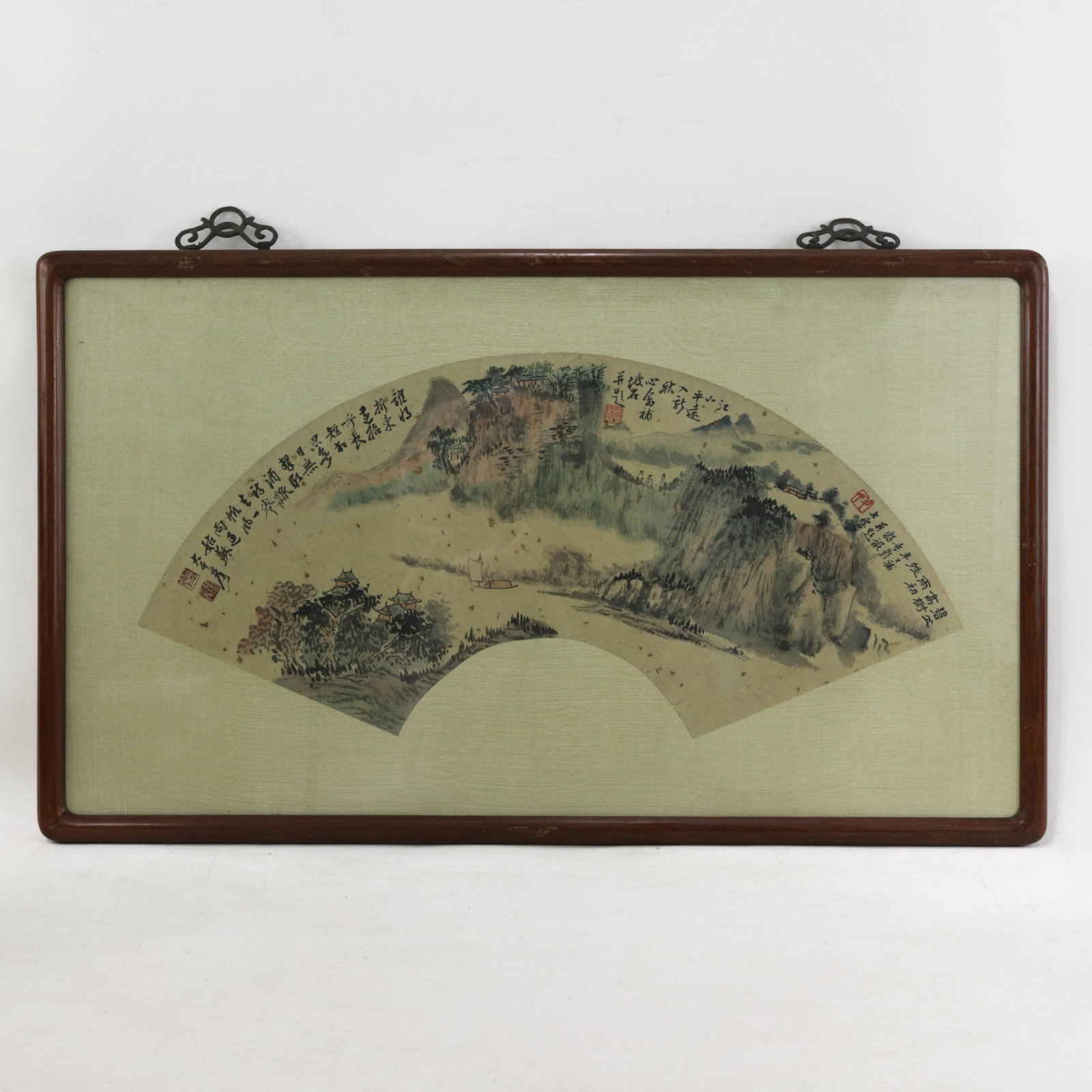 Vintage Chinese Fan Painting Mountain Landscape With Pine Trees Framed Ink and Color on Paper With C - 14