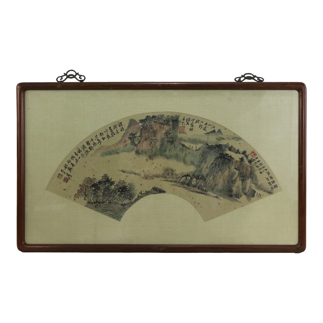Vintage Chinese Fan Painting Mountain Landscape With Pine Trees Framed Ink and Color on Paper With C: This exquisite vintage Chinese fan painting features a classic mountain landscape composition rendered in ink and color on paper. The artwork depicts towering, mist-shrouded peaks and rugged
