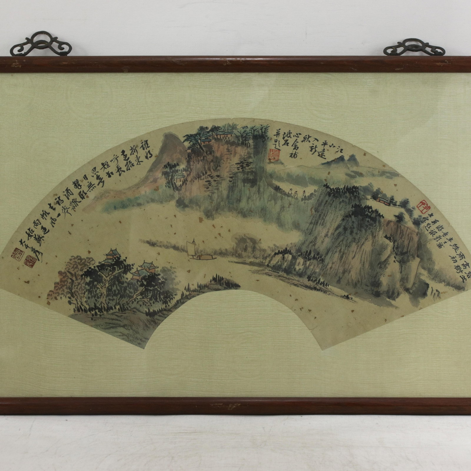 Vintage Chinese Fan Painting Mountain Landscape With Pine Trees Framed Ink and Color on Paper With C - 2