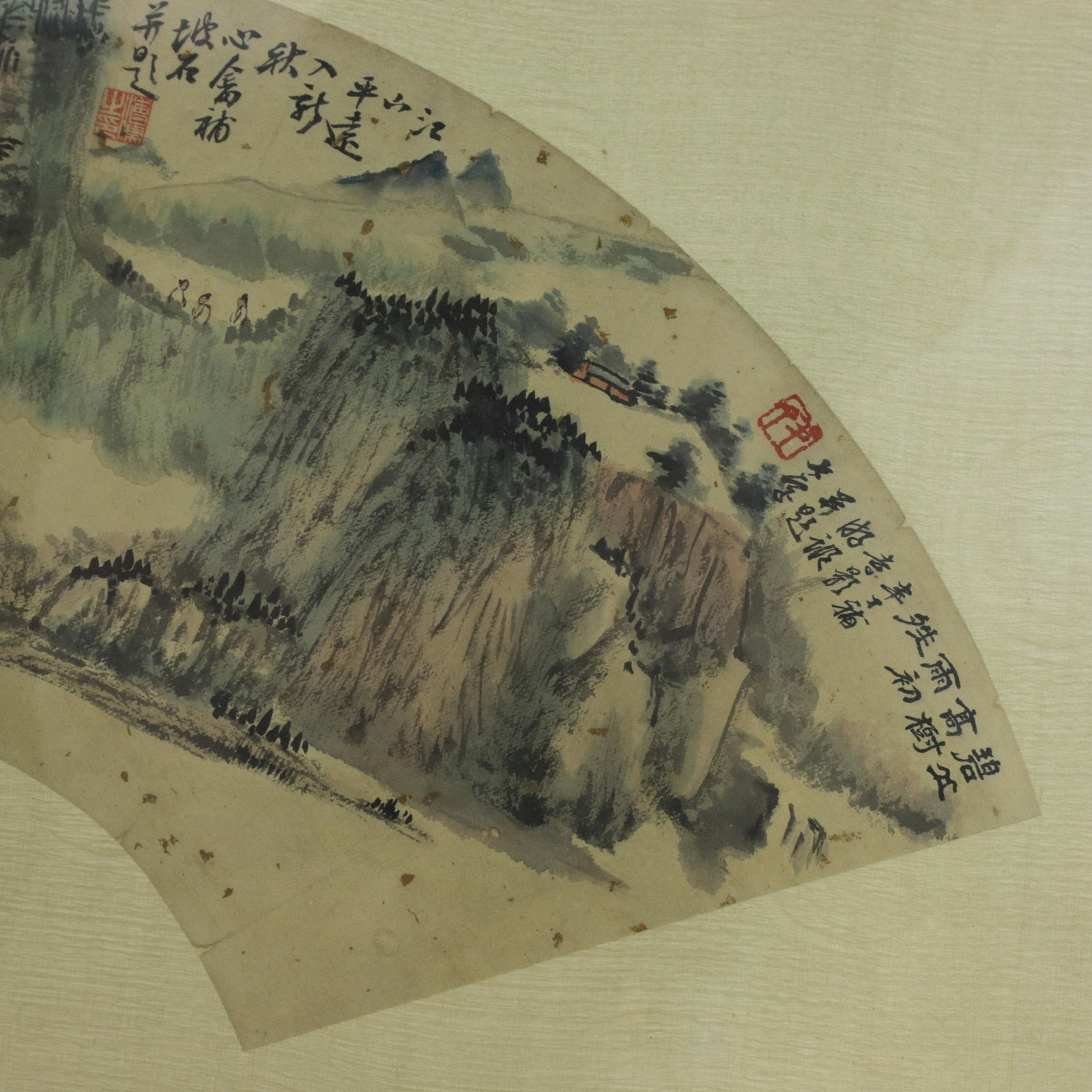 Vintage Chinese Fan Painting Mountain Landscape With Pine Trees Framed Ink and Color on Paper With C - 4