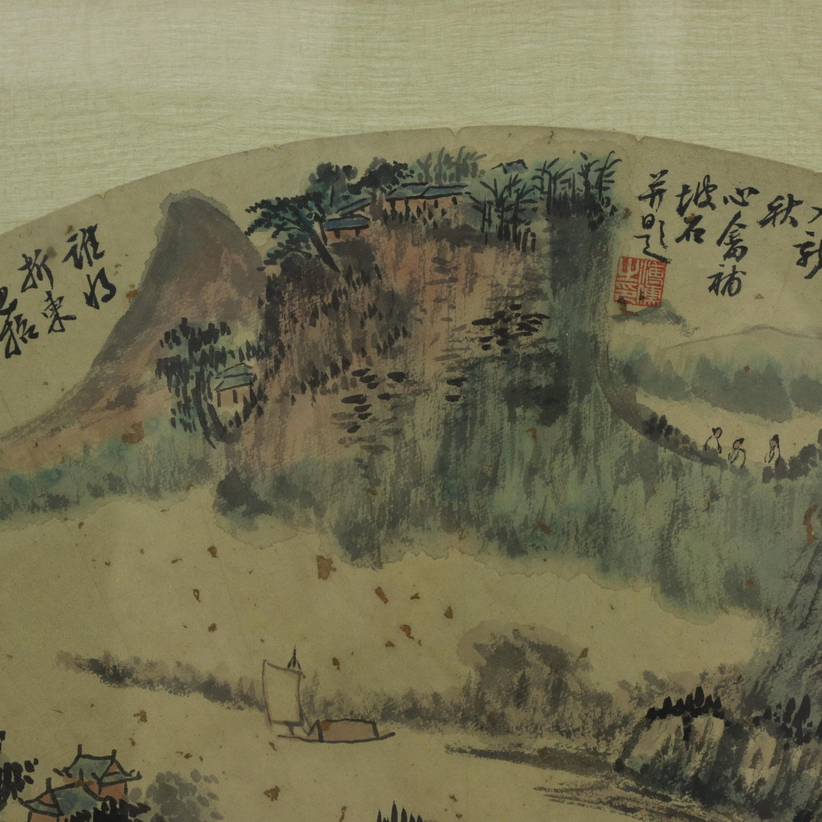 Vintage Chinese Fan Painting Mountain Landscape With Pine Trees Framed Ink and Color on Paper With C - 6
