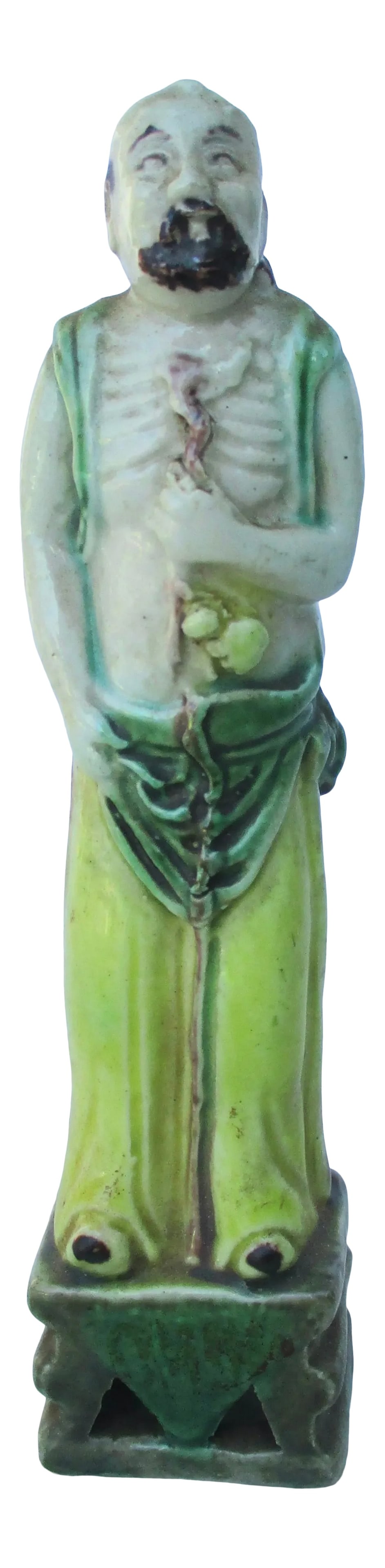 Antique Chinese Porcelain Immortal Figure: Porcelain polychrome Chinese immortal figure. Standing on a draped pedestal. Very good coloring and good casting. The size is 5" tall on a base of 1.1" by 1". The condition is very godd. Condition: