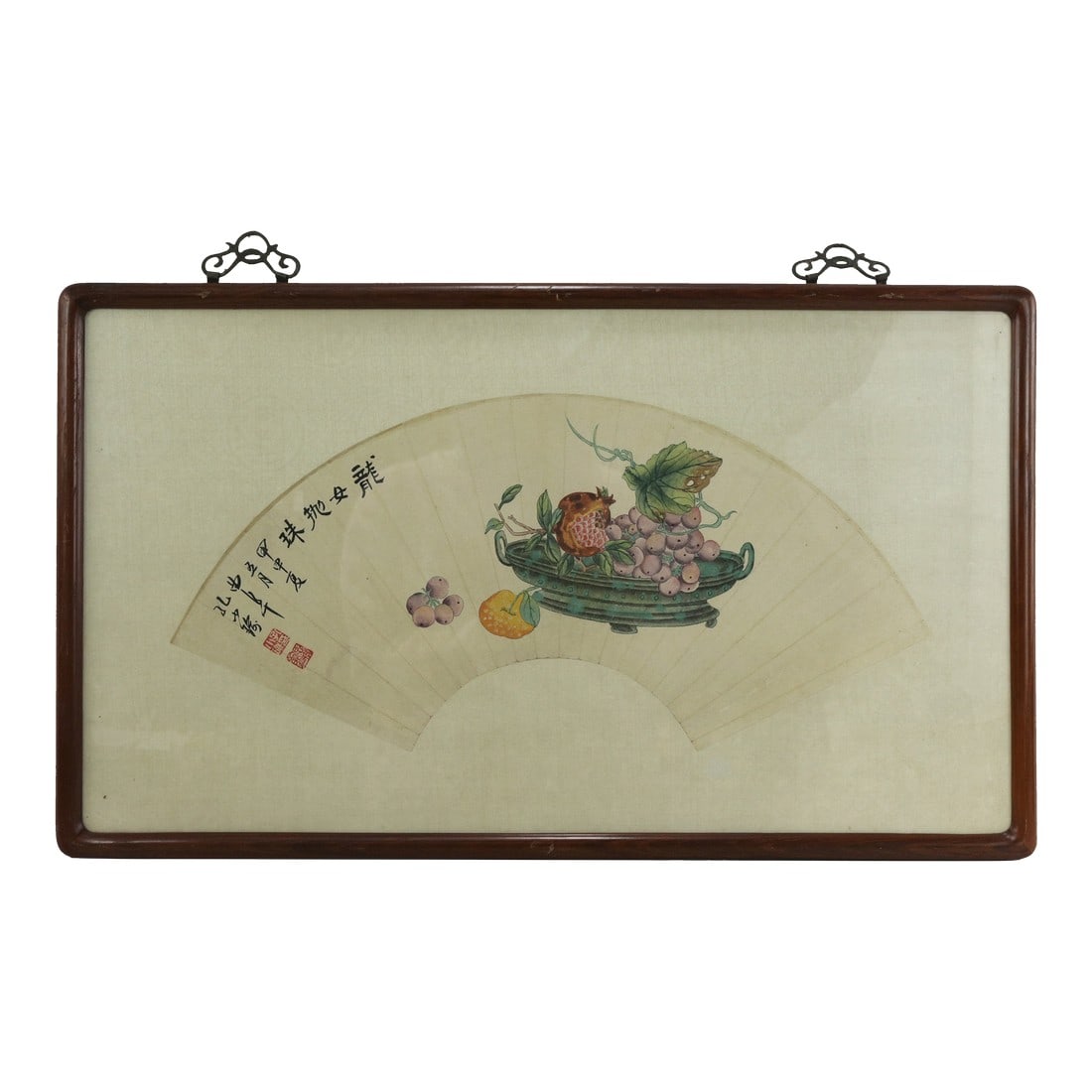 Vintage Chinese Fan Painting Fruit Still Life With Pomegranate and Grapes Framed Ink and Color on Pa: This exquisite vintage Chinese fan painting features a vibrant "Dragon Maiden Throwing Pearl" symbolic still life composition rendered in ink and color on paper. The artwork depicts a lush arrangement