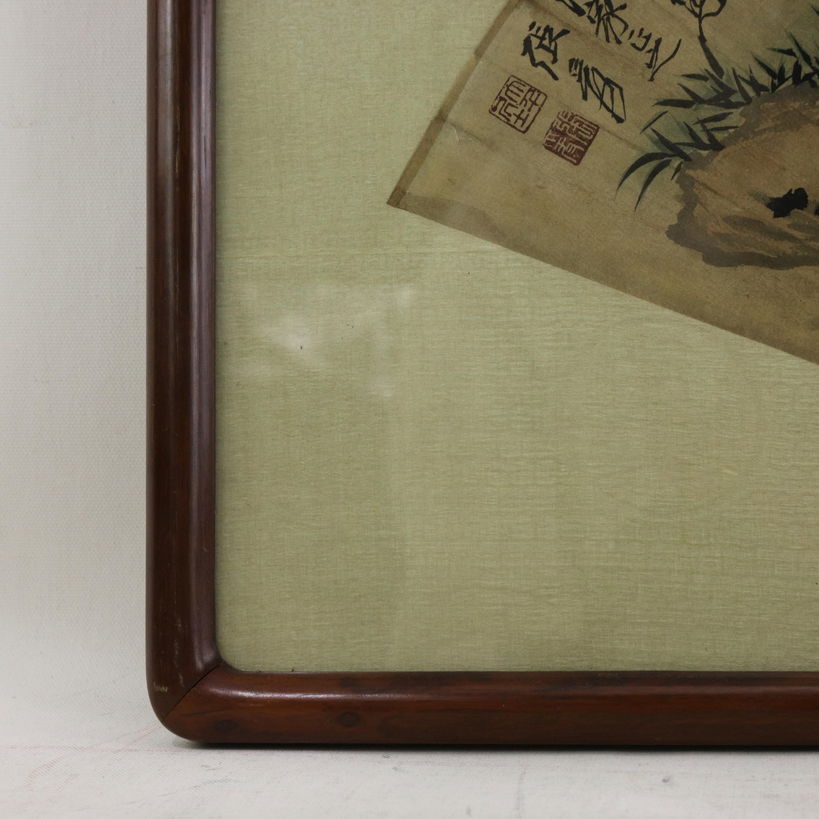 Vintage Chinese Fan Painting Figure Sleeping Under Pine Trees Framed Ink and Color on Paper With Cal - 10