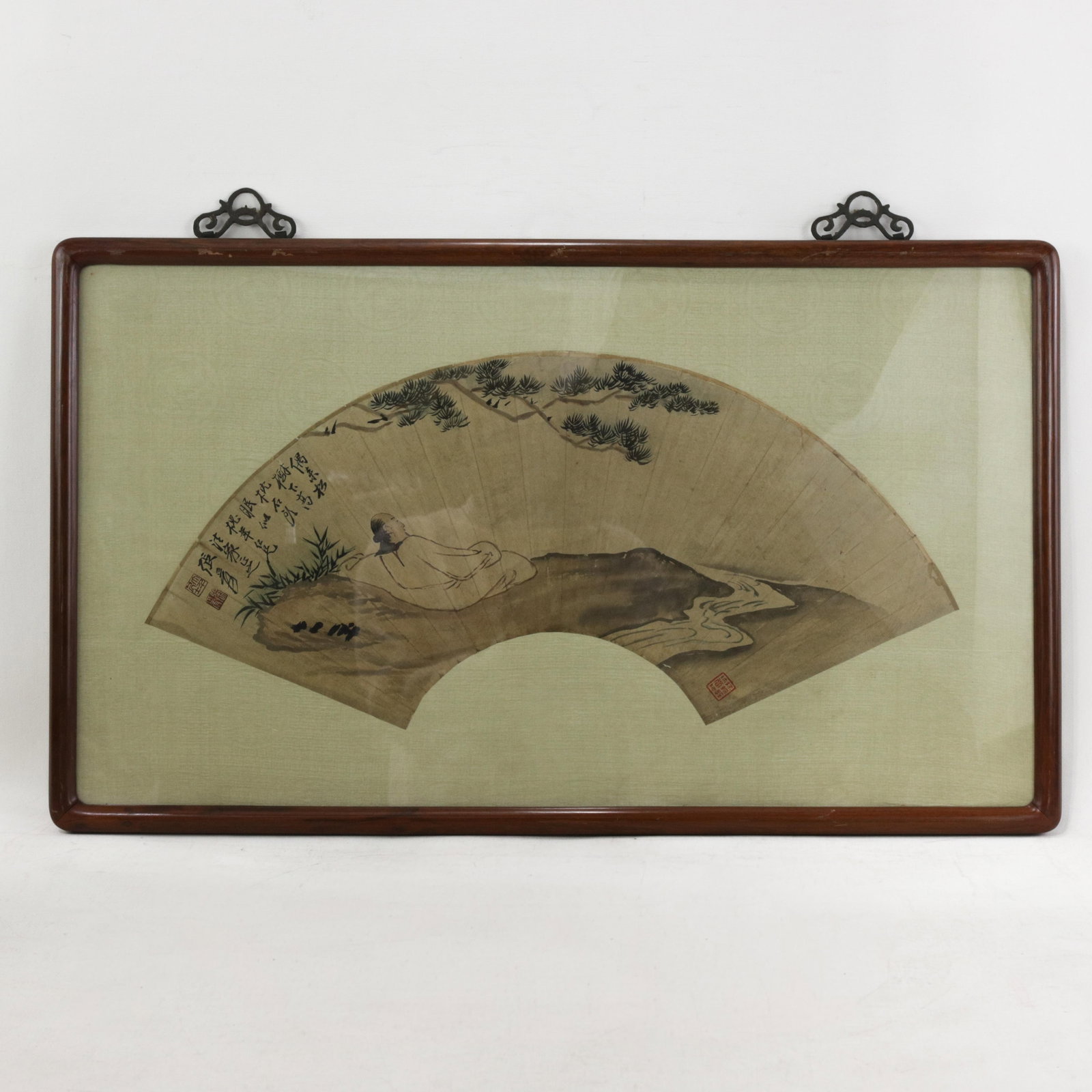 Vintage Chinese Fan Painting Figure Sleeping Under Pine Trees Framed Ink and Color on Paper With Cal - 13