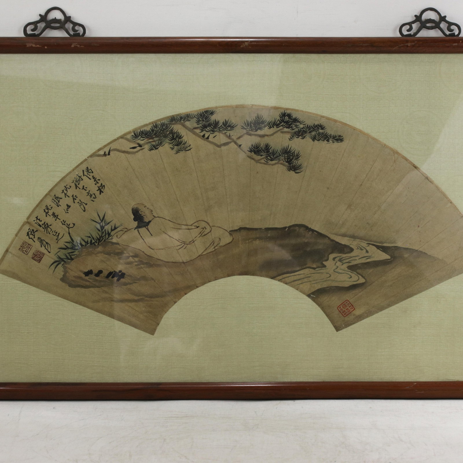 Vintage Chinese Fan Painting Figure Sleeping Under Pine Trees Framed Ink and Color on Paper With Cal - 2