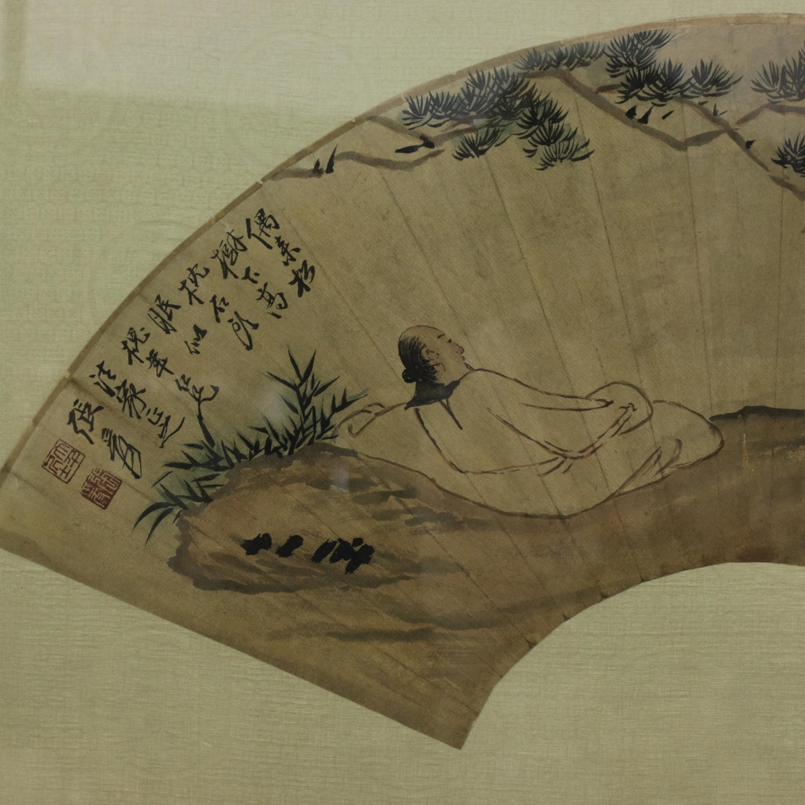 Vintage Chinese Fan Painting Figure Sleeping Under Pine Trees Framed Ink and Color on Paper With Cal - 3