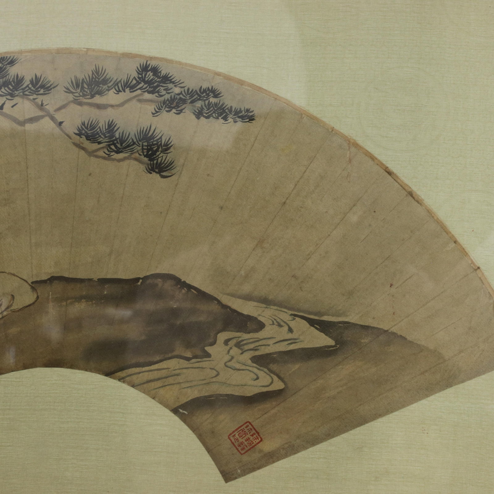 Vintage Chinese Fan Painting Figure Sleeping Under Pine Trees Framed Ink and Color on Paper With Cal - 4
