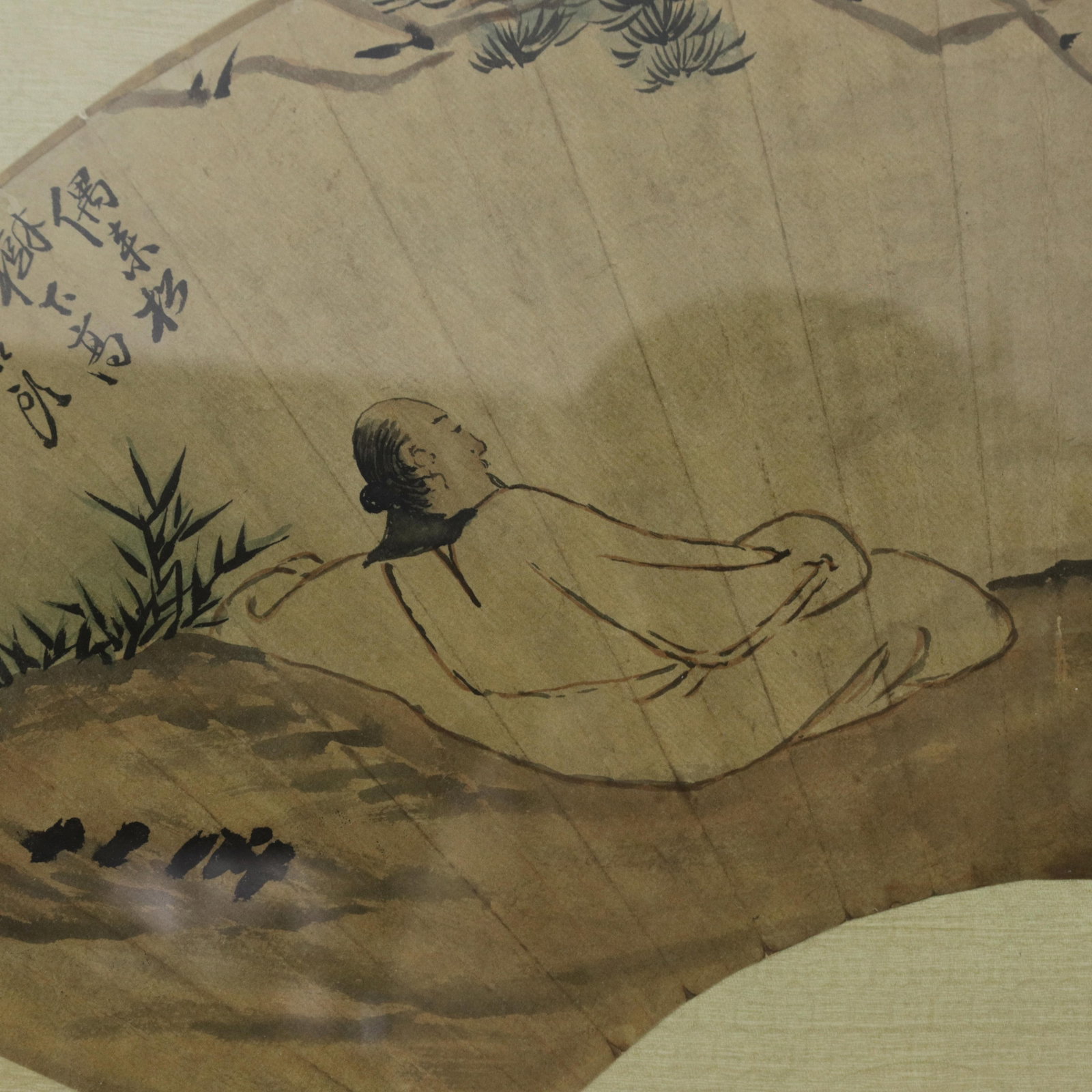 Vintage Chinese Fan Painting Figure Sleeping Under Pine Trees Framed Ink and Color on Paper With Cal - 6