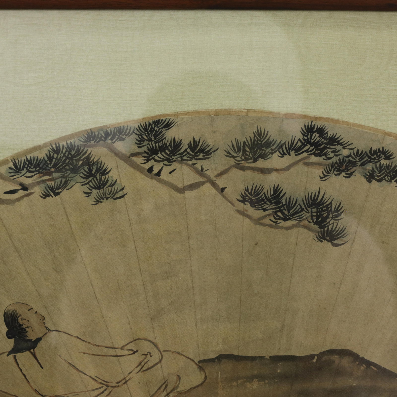 Vintage Chinese Fan Painting Figure Sleeping Under Pine Trees Framed Ink and Color on Paper With Cal - 7