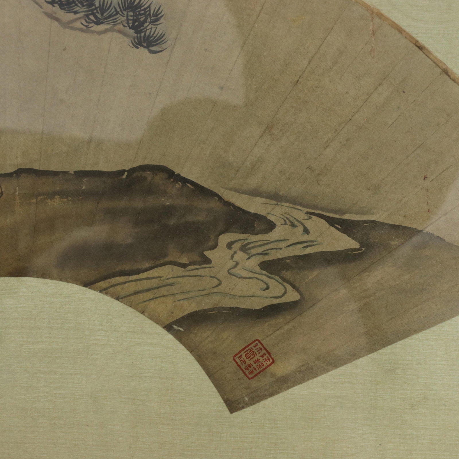 Vintage Chinese Fan Painting Figure Sleeping Under Pine Trees Framed Ink and Color on Paper With Cal - 8