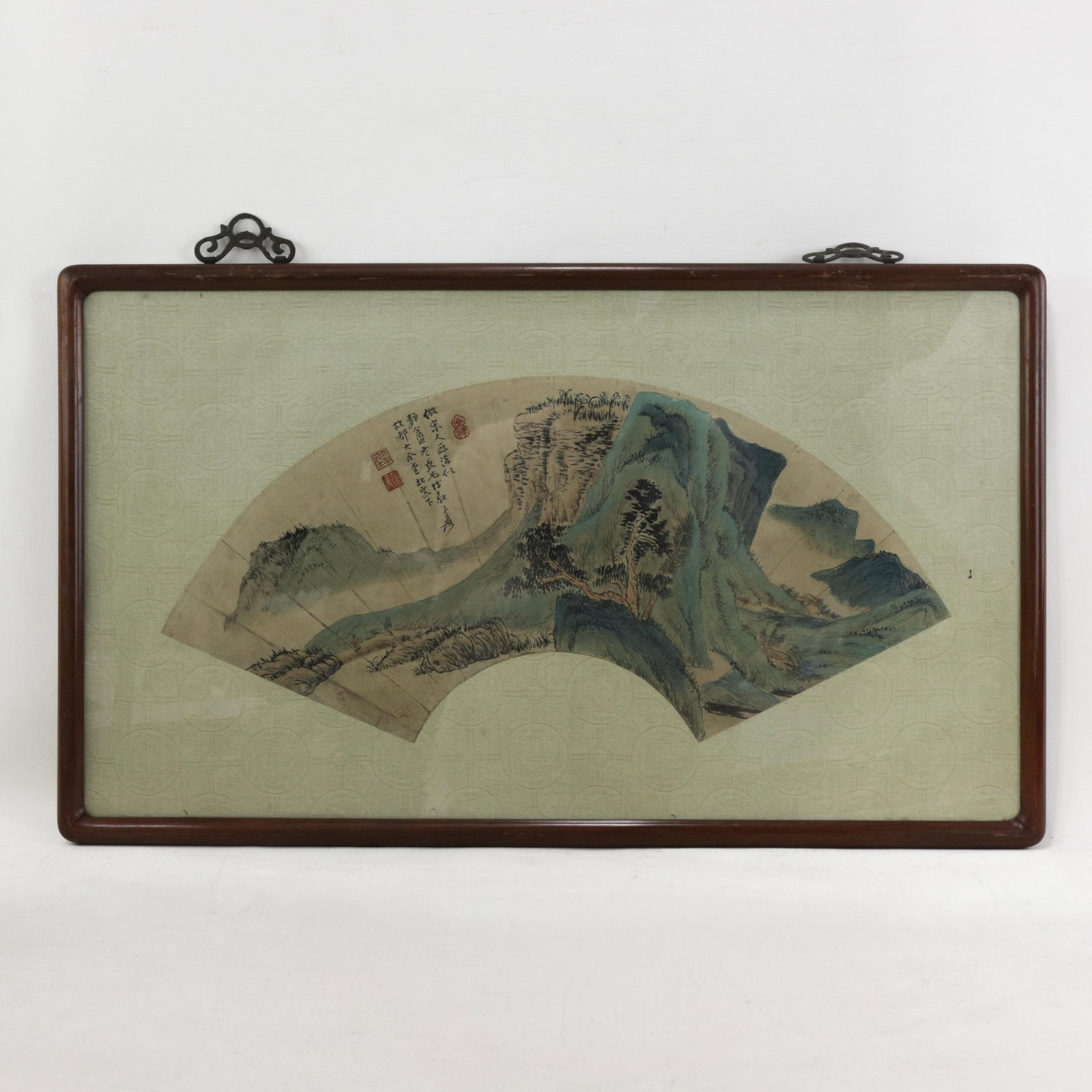 Vintage Chinese Fan Painting Blue-Green Mountain Landscape Framed Ink and Color on Paper With Callig - 12