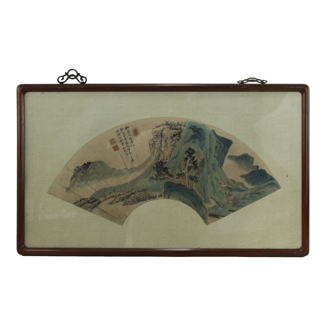 Vintage Chinese Fan Painting Blue-Green Mountain Landscape Framed Ink and Color on Paper With Callig: This exquisite vintage Chinese fan painting features a classic "Blue-Green" mountain landscape composition rendered in vibrant mineral pigments and ink on paper. The artwork showcases towering