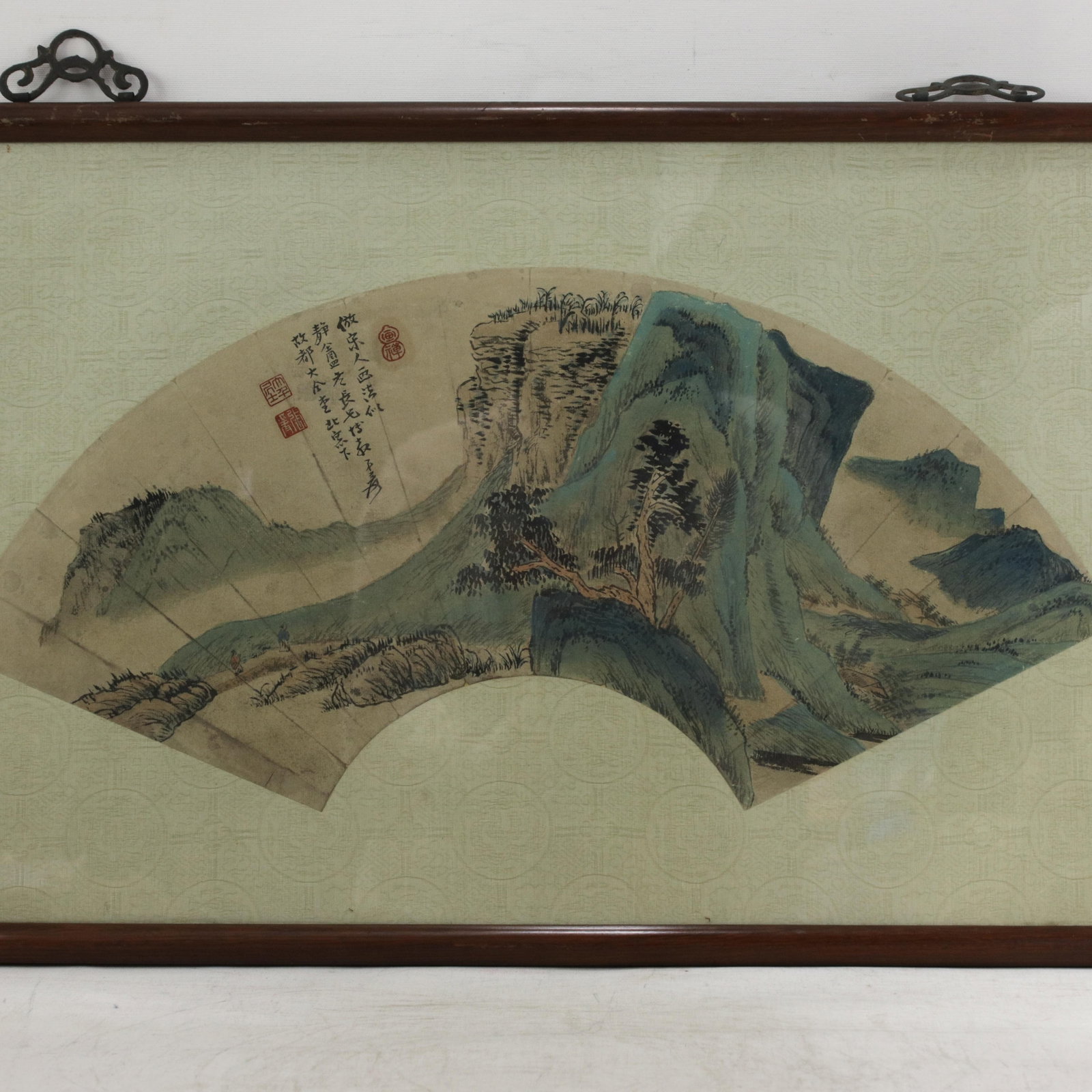 Vintage Chinese Fan Painting Blue-Green Mountain Landscape Framed Ink and Color on Paper With Callig - 2