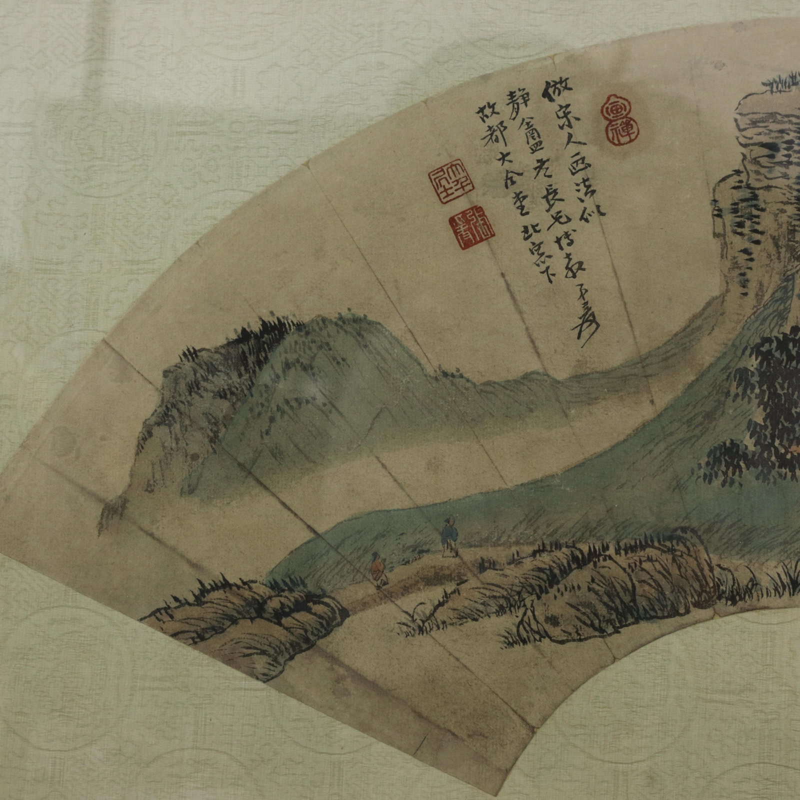 Vintage Chinese Fan Painting Blue-Green Mountain Landscape Framed Ink and Color on Paper With Callig - 3