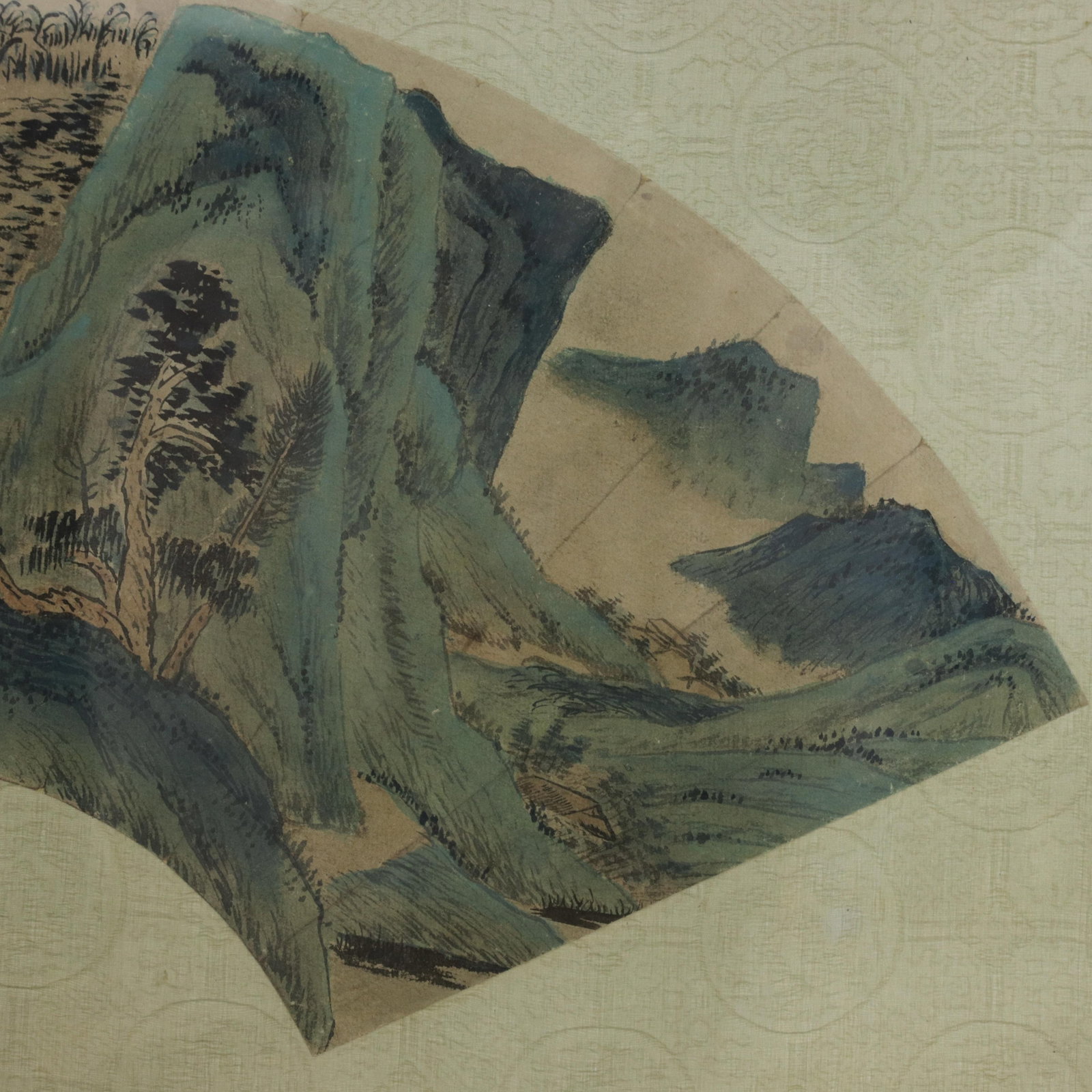 Vintage Chinese Fan Painting Blue-Green Mountain Landscape Framed Ink and Color on Paper With Callig - 4