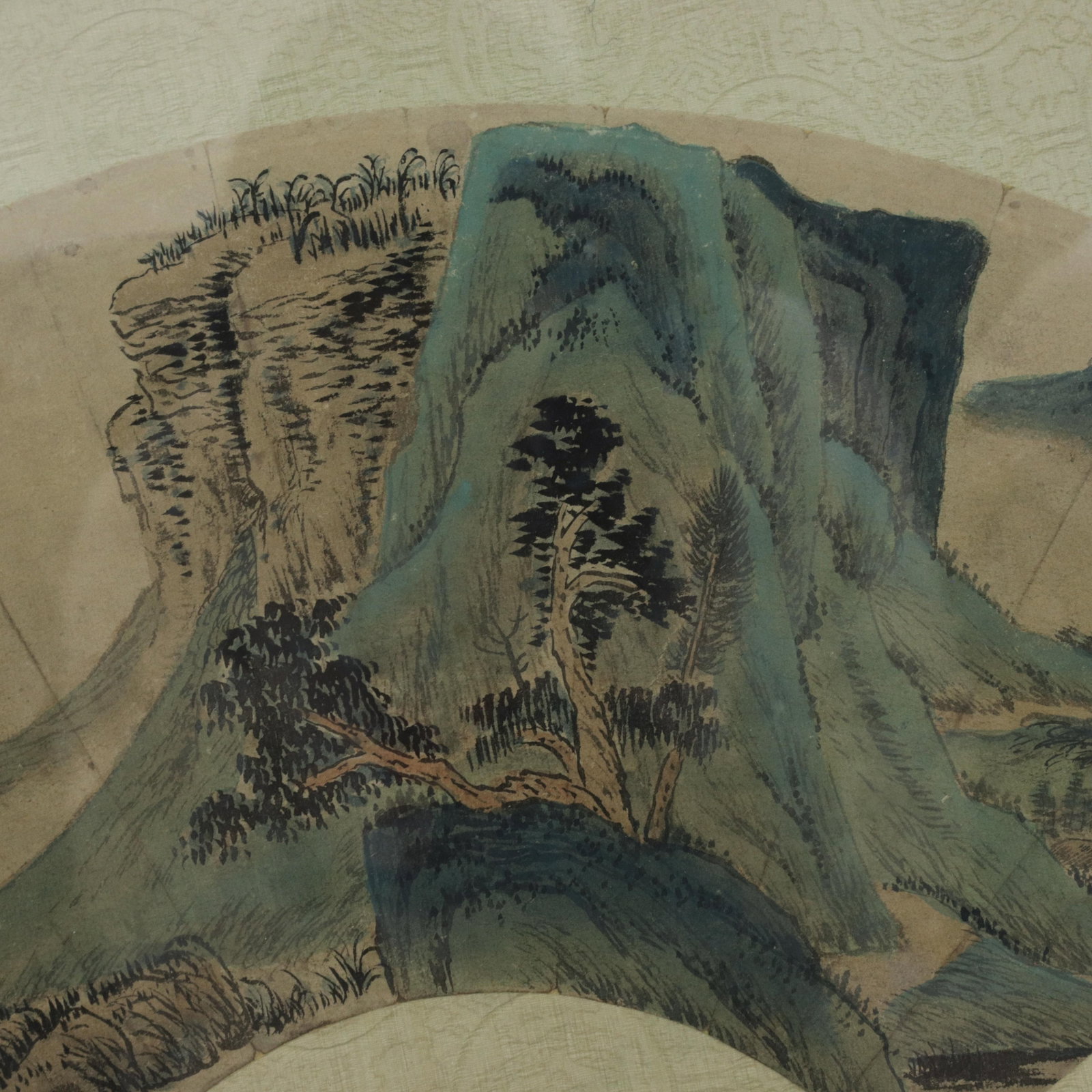 Vintage Chinese Fan Painting Blue-Green Mountain Landscape Framed Ink and Color on Paper With Callig - 5