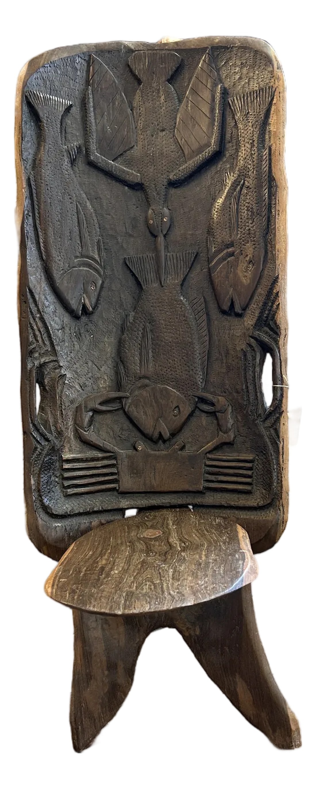 Hand Carved Wood African Birthing Chair: Wonderful hand carved ebony Makonde Palaver African birthing chair with delightful sea creatures. Two parts. Details Dimensions Height: 39 in (99.06 cm) Width: 18.5 in (46.99 cm) Depth: 36 in (91.44