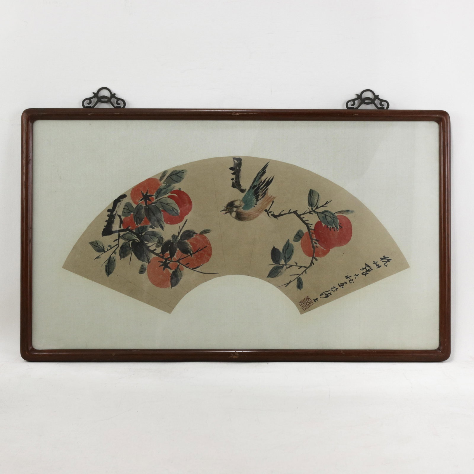 Vintage Chinese Fan Painting Birds and Persimmons Framed Ink and Color on Paper With Calligraphy - 11