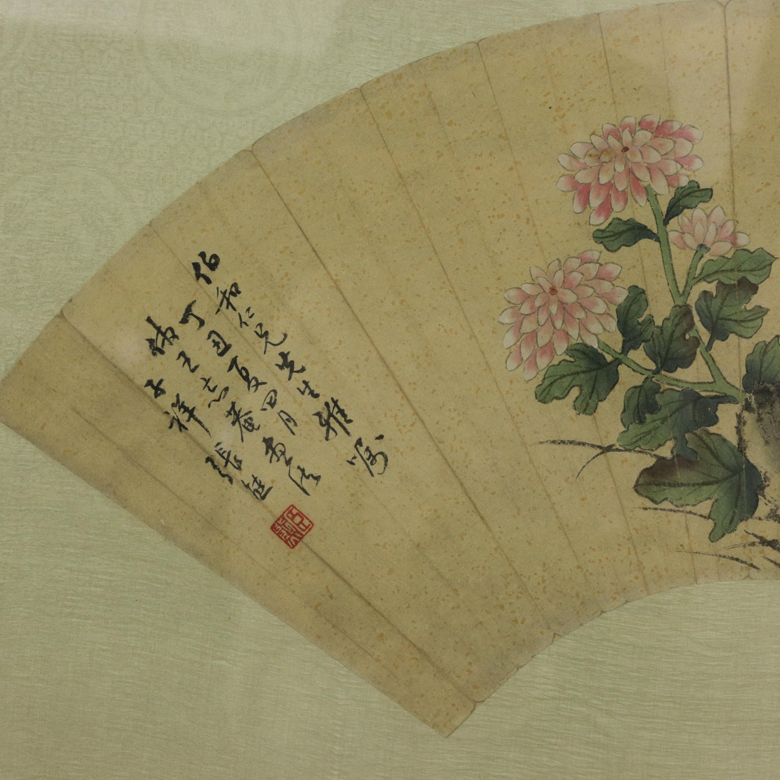 Vintage Chinese Fan Painting Chicks Catching Bugs With Pink Flowers Framed Ink and Color on Paper Wi - 5