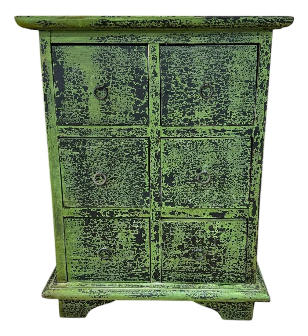 Vintage Handmade Tabletop Six Drawer Cabinet: Vintage tabletop six drawer chest with green finish. Great storage for small items. Measures 13.5" w x 9.5" d x 17" h. Inside of each drawer measures 4" w x 7" d x 3.5" h. Condition: Alterations: