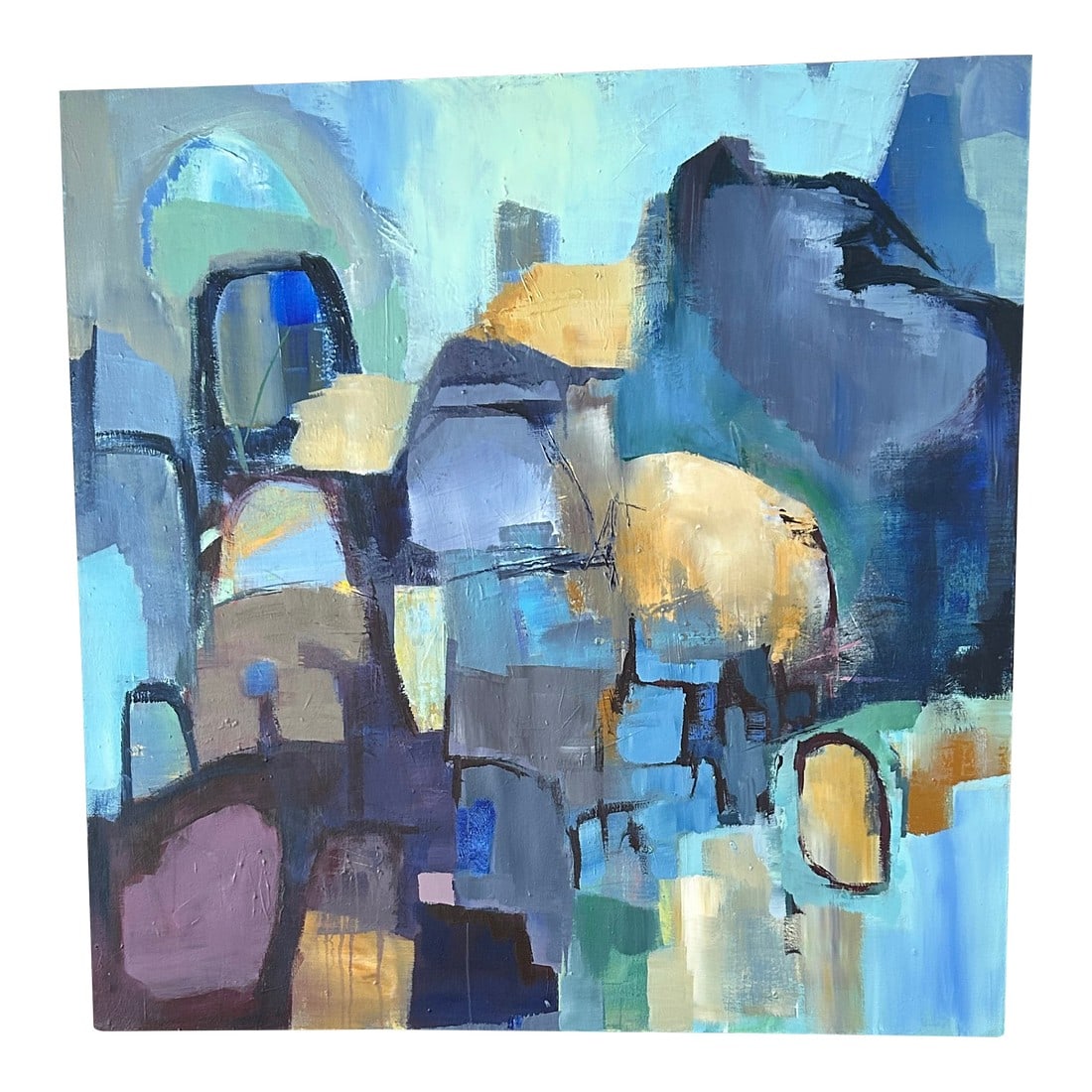 Large Abstract Original Painting by Robert Hansen: Striking large graphic abstract painting titled Unexplored Spaces by Robert Hansen having textured layers of shapes in shades of blue, green, lavender, yellow and dark navy. Signed en verso. Details