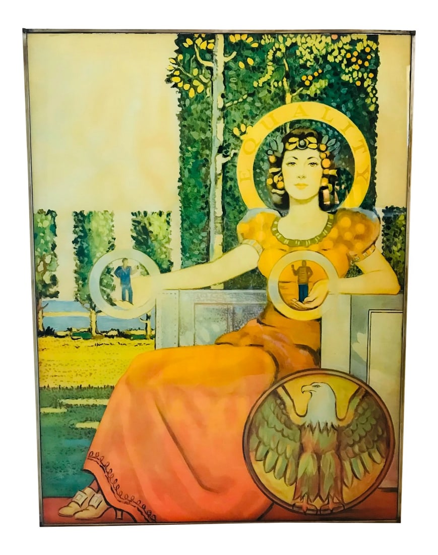 Mid Century Art Nouveau Style Sign: This piece has art nouveau and classical elements. Photographs provide close ups of details. Mounted on a clear acrylic surface. When I purchased it the seller told me that it had previously been
