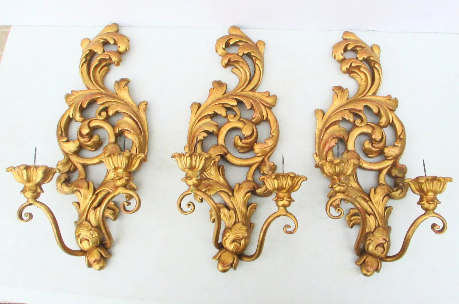 Vintage Italian Florentine Two-Candle Wall Sconces- Set of 3 - 12