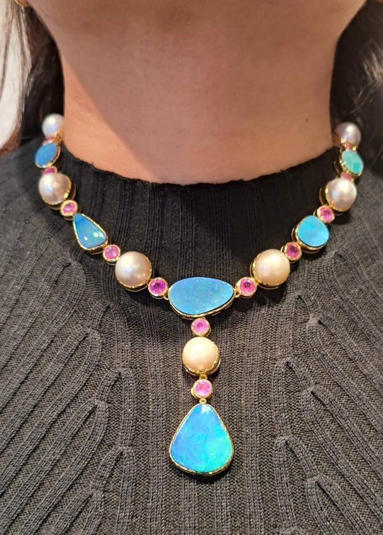 Bochic "Capri" Red Ruby & Fire Opal Necklace Set In 18K Gold & Silver - 9