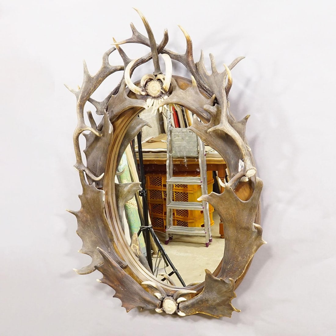 Antique Black Forest Mirror With Antler Arrangement Ca. 1920s - 3