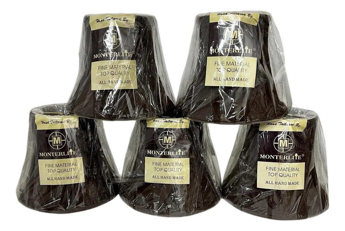 Vintage Monterite Hand Tailored Lamp Chandelier Shades, Chocolate Brown - Set of 5: Vintage set of five hand tailored chandelier lamp shades in chocolate brown. A great color alternative to black. Each measures 5" diameter at bottom, 3" diameter at top x 4.5" h. New old stock still