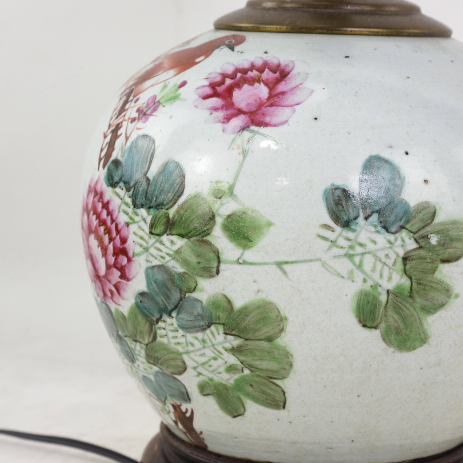 Famille Rose Antique Porcelain Vase Table Lamp With Bird and Peony Motif on Wood Base - 10